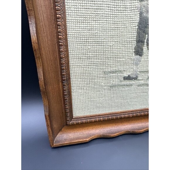 Vintage Victorian Male Courting Scene Needlepoint Neutral Scallop Wood Frame Art - Picture 6 of 10